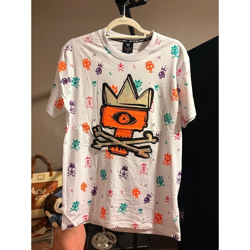 Switch Remarkable Mens White Graphic T-Shirt All Over Skull Print Size XL